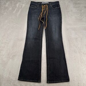VTG Express Precision Fit Flare Jeans Women 5/6 Black Leopard Trim Denim Lace Up